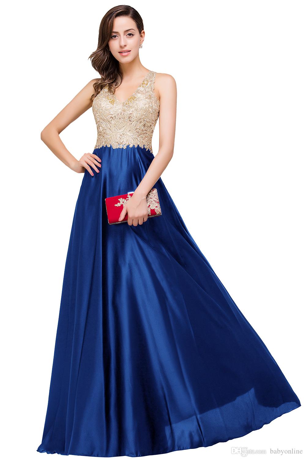 Sexy Backless Lace Satin Evening Dress A Line V Neck Gold Appliques Prom Gowns Robe De Soiree Cheap CPS358
