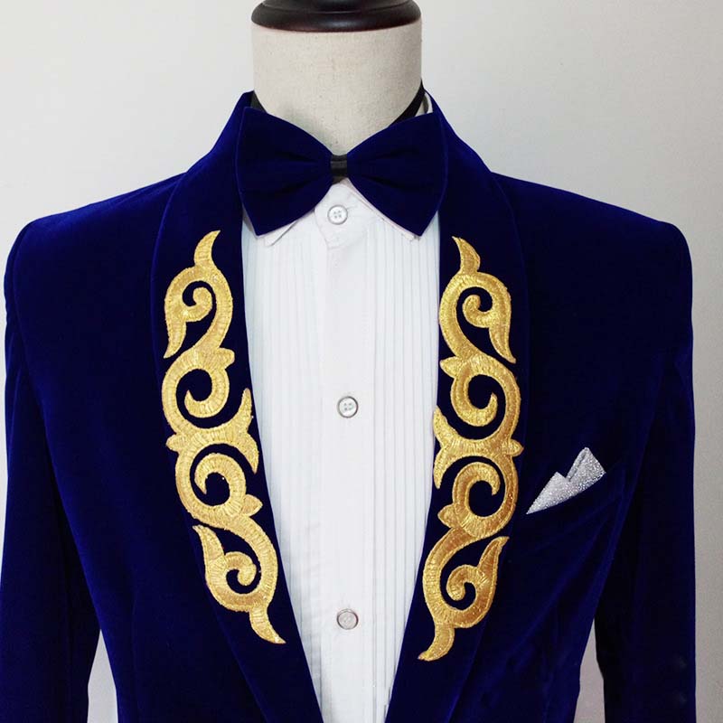 2019 Embroidery Velvet Mens Designer Jackets Shawl Lapel Black Burgundy Blue Groom Tuxedos Men Suits In Stock
