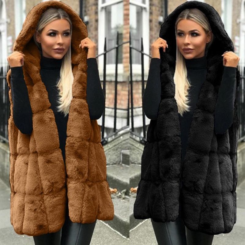 Womens Winter Thicken Fluffy Plush Vest Open Front Hooded Mid-Length Waistcoat Oversized Loose Solid Color Jacket Outwear S
