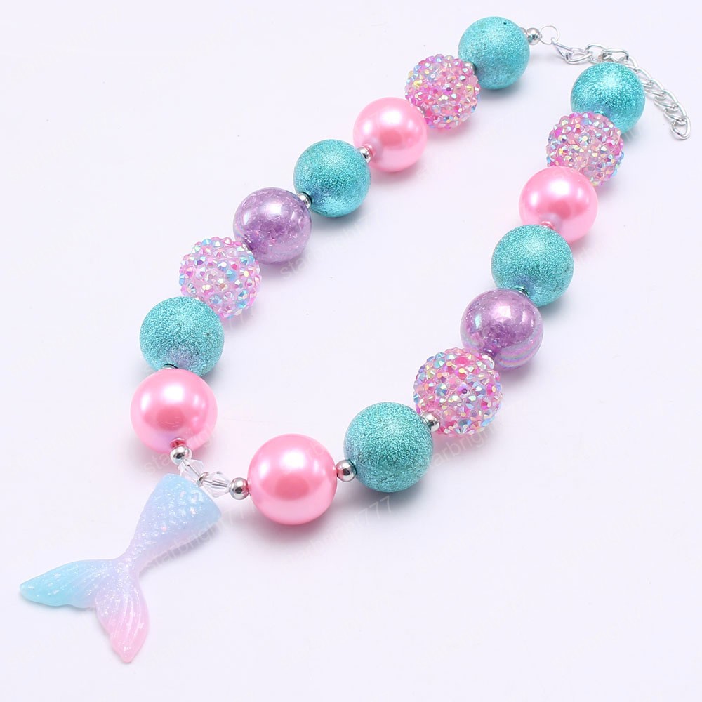 handmade chunky bubblegum beaded necklace for kids girls charm mermaid tail pendant necklace DIY baby jewelry gift