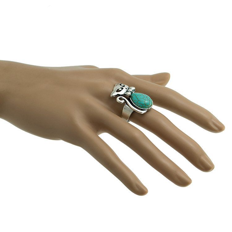Europe and America Ring Green Pine Ancient Silver Retro Bow Kitten Shape Turquoise Female Ring