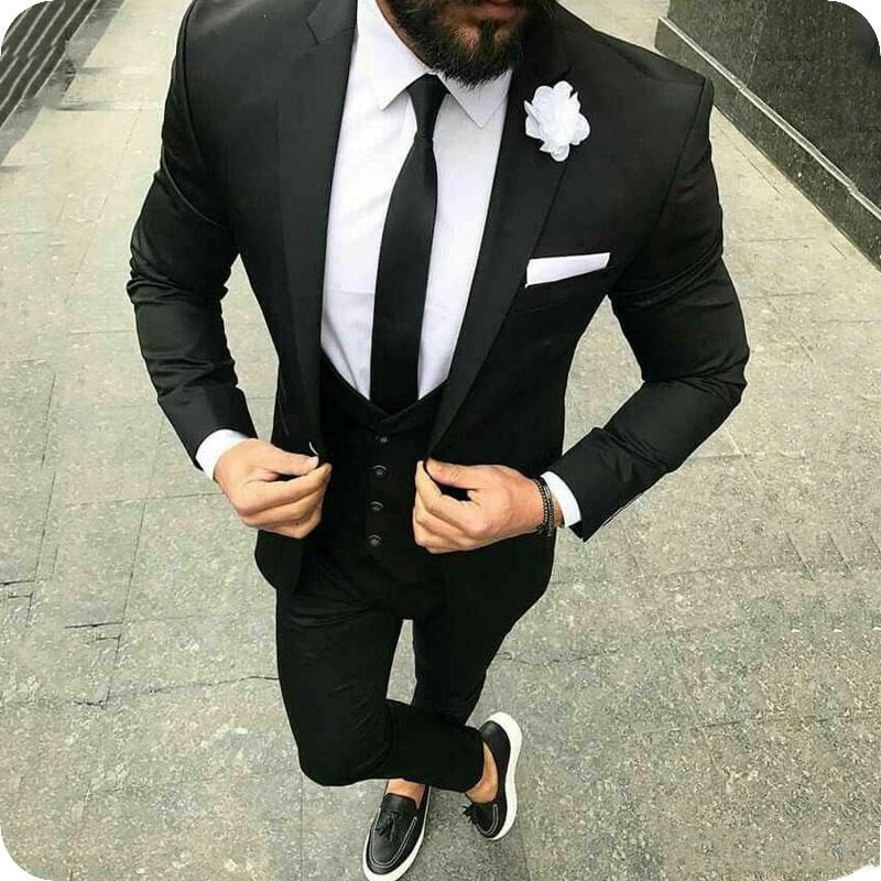 High Quality One Button Black Groom Tuxedos Notch Lapel Men Suits 3 pieces Wedding/Prom/Dinner Blazer (Jacket+Pants+Vest+Tie) W610