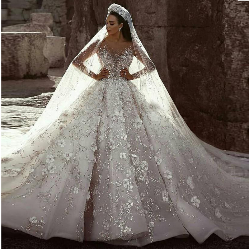 Luxury Ball Gown Wedding Dresses Sheer Neck Long Sleeves Beading Flowers Tulle Saudi Arabic Budai Bridal Dresses Cathedral Train
