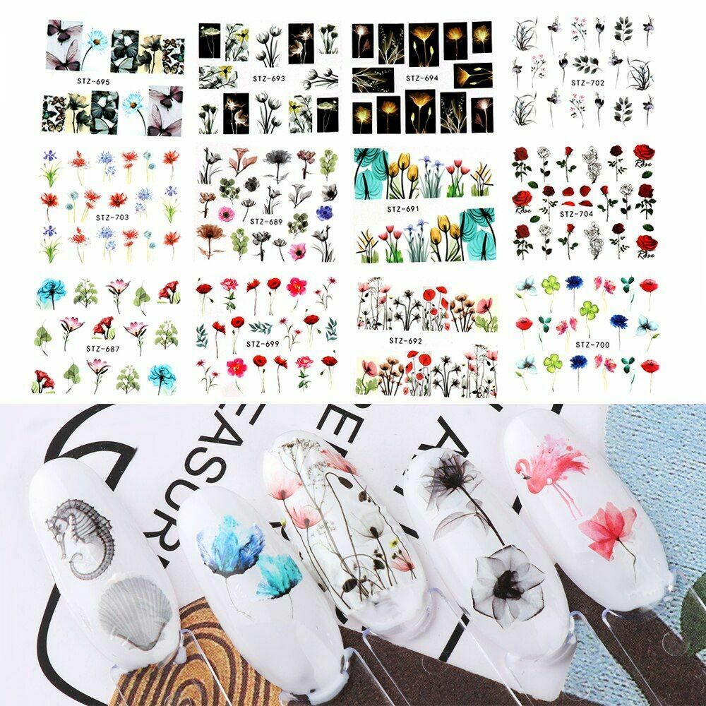 24 Watercolor Water Transfer Nail Adornment Stickers Flower Tips DIY.A874