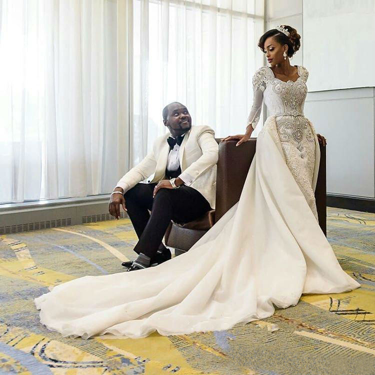 african mermaid wedding dresses with detachable train scoop neck lace applique beaded crystals long sleeve vintage bridal gowns