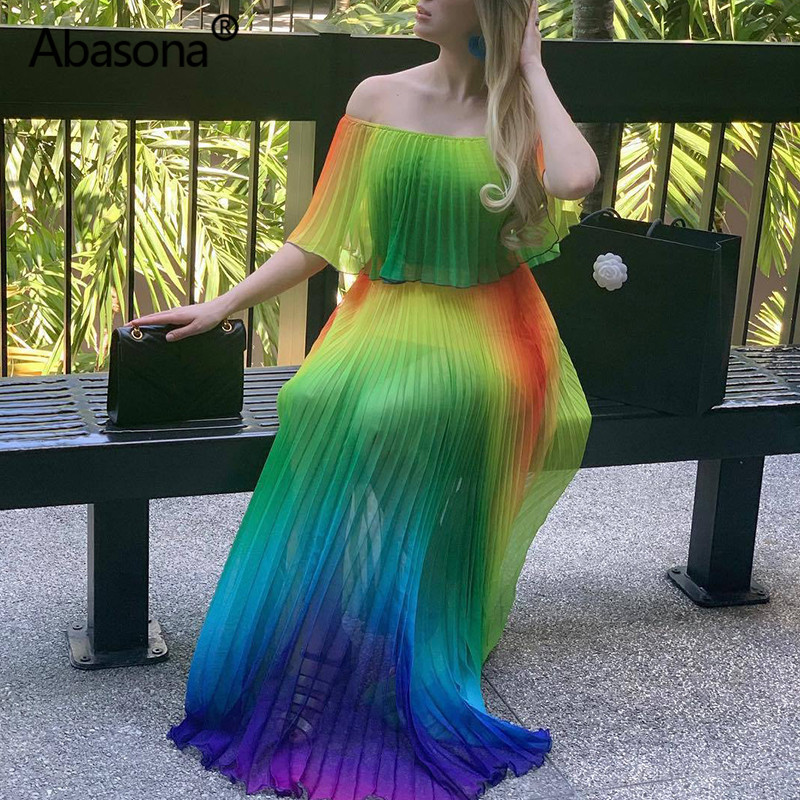 Abasona Hush Chiffon Women Summer Long Beach Dress Boho Gradients Tie Dye Print Big Hem Off Shoulder Maxi Evening Party Dress Y19071101
