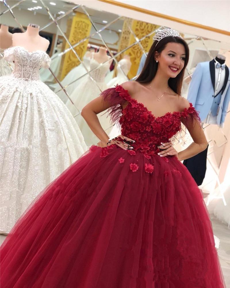 Red Quinceanera Dark Dresses Off The Shoulder Straps Feather Beaded Pearls Handmade Flowers Sweet 16 Birthday Party Ball Gown Custom Made