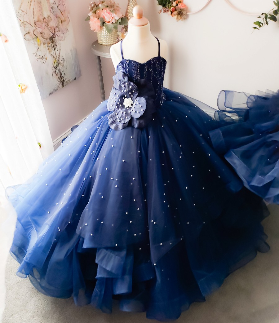 Dark Blue Pearls Little Girls Pageant Dresses Appliqued Ball Gown Flower Girl Dress For Wedding Tulle Tiered First Communion Gowns 407