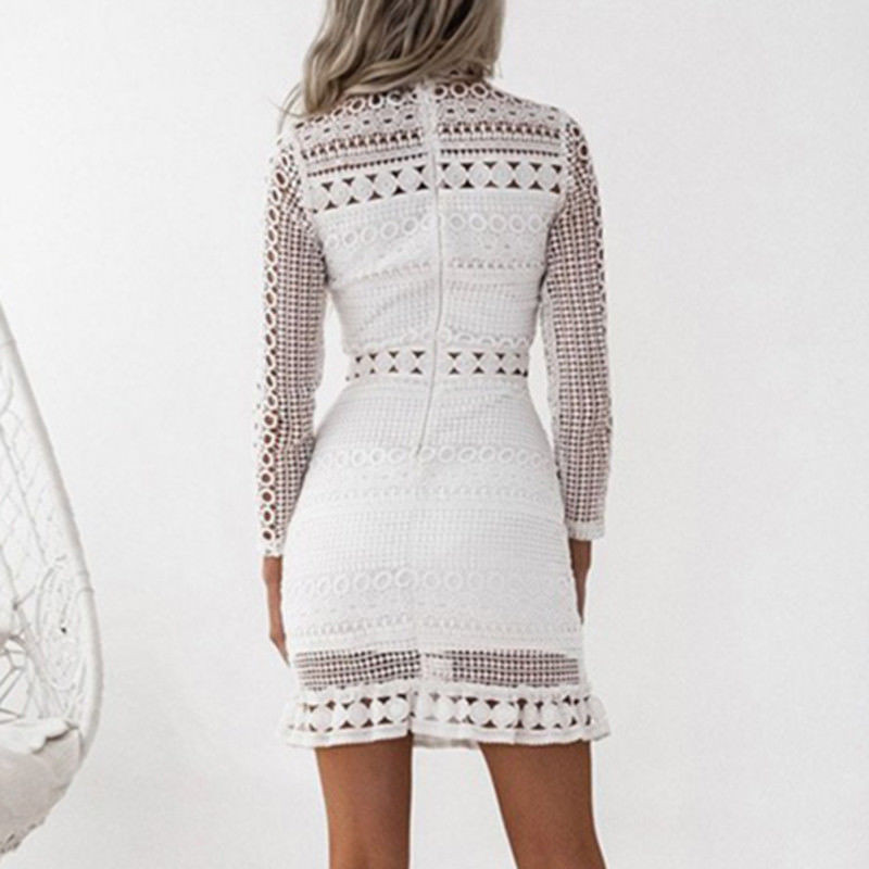 Elegant Ladies White Lace Dress Summer Hollow Out Women Long Sleeve One Piece Dress Wedding Party Dresses Vestido Spring Autumn