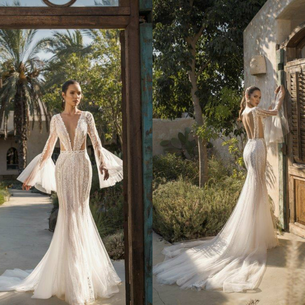 2020 Julie Vino Mermaid Wedding Dresses Lace Appliqued Deep V Neck Backless Wedding Gowns Long Sleeve Custom Made Robes De Mariée