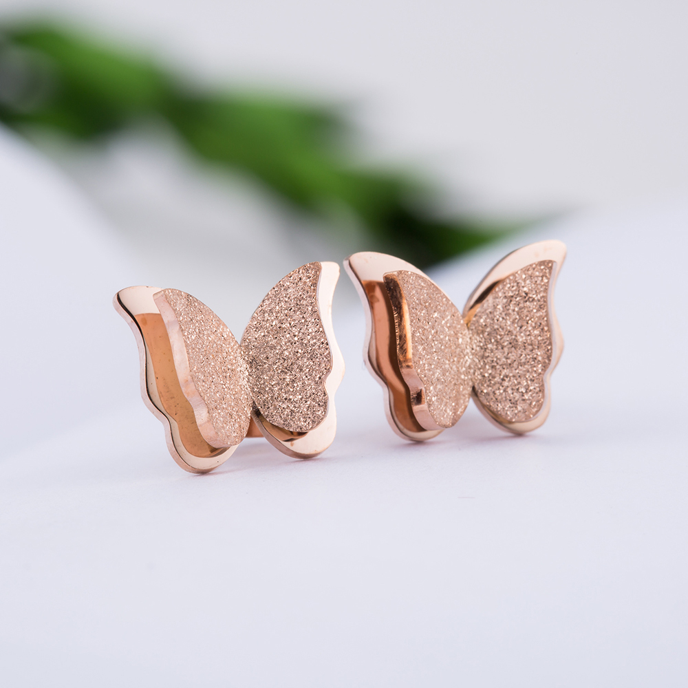 Charm Shining Scrub Butterfly Stud Earrings Jewelry Stainless Steel 14K Gold Plated Earrings Women Girl's Gift