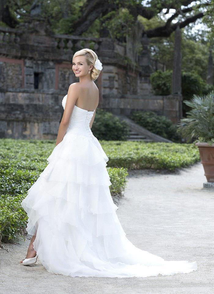 Sleeveless White Organza High Low Country Wedding With Pleated Bodice Corset Tiered Skirt Beach Bridal Dress Gown Plus Size 0521