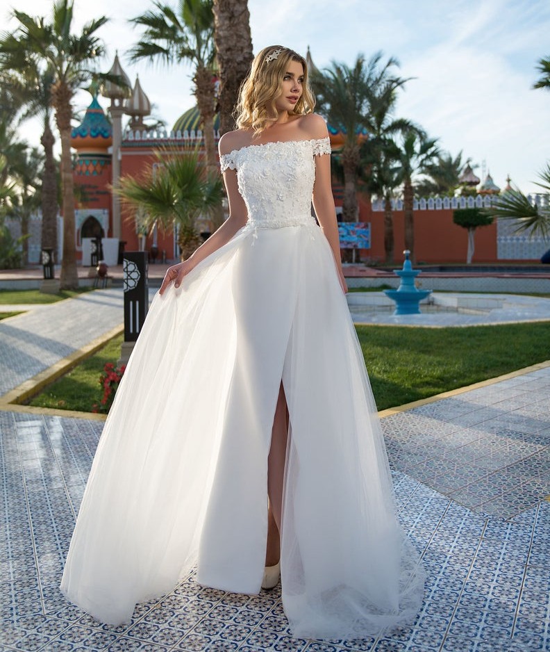 Beaded Fashion Mermaid Wedding Dresses With Detachable Train 3D Appliqued Side Split Bridal Gowns Trumpet Satin Plus Size Robe De Marie