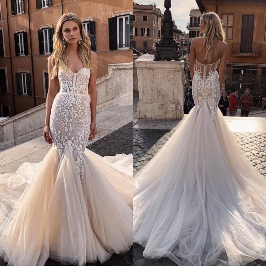 Mermaid Ful Lace Wedding Dresses Sweetheart Neck Beaded Bridal Gowns Court Train Tulle Appliqued Robes De Mari E