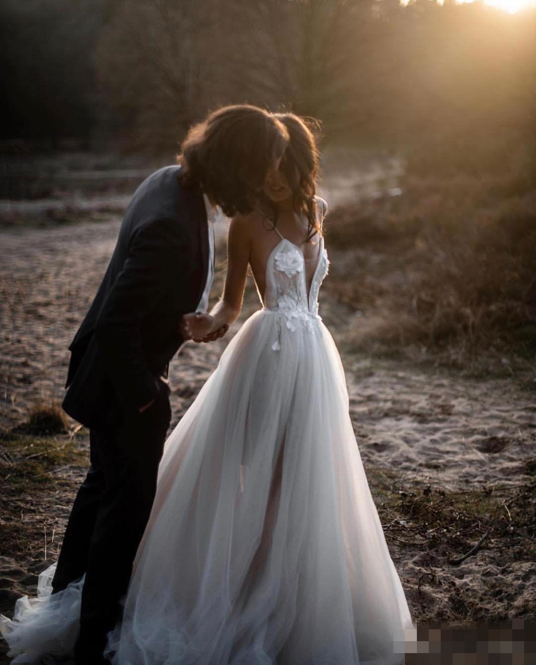 2020 Boho Beach Dresses A E Sexy Backless Spaghetti Straps Tulle Appliqued Country Wedding Bridal Gown Custom Made 401 6660311