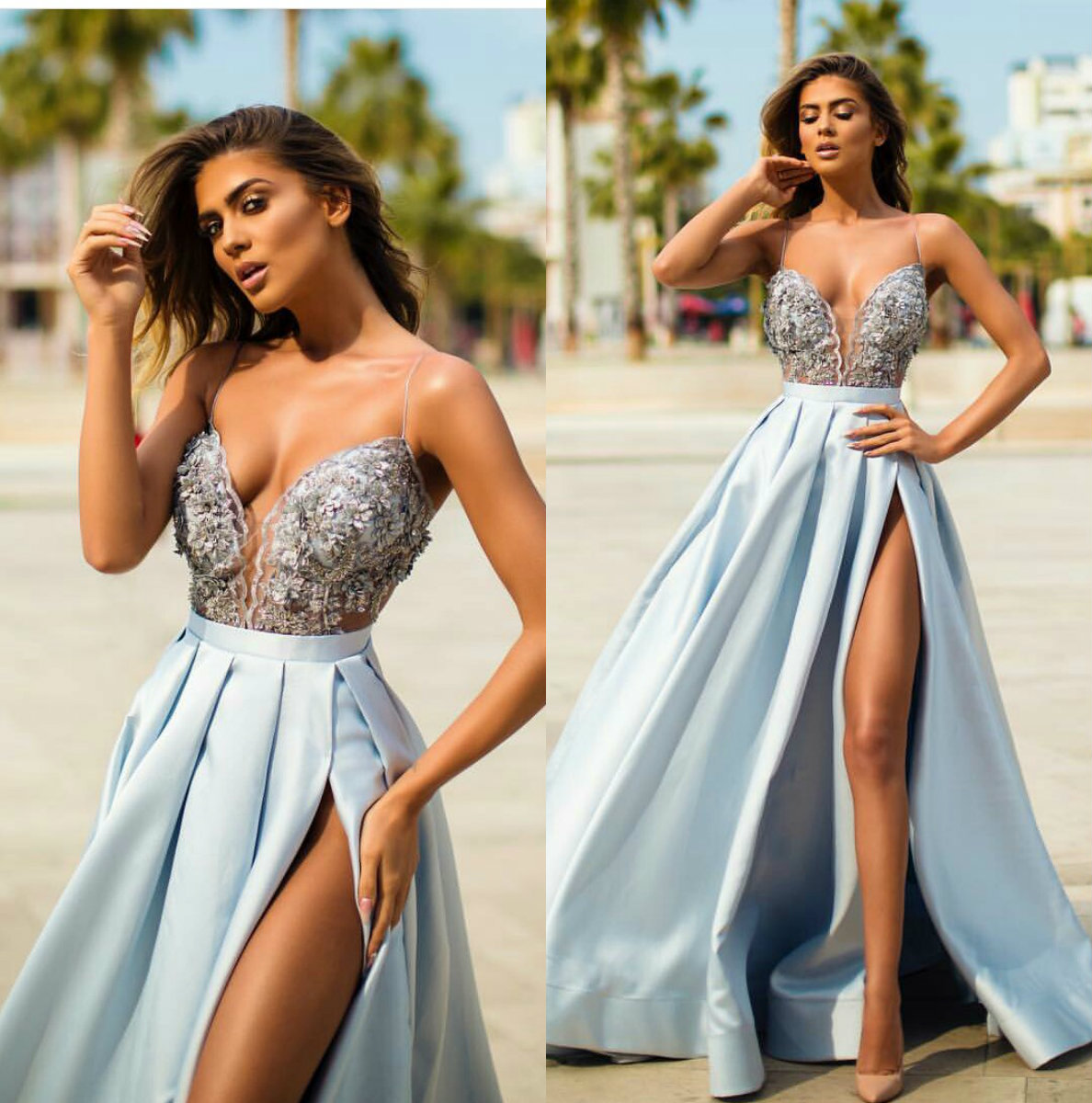 2019 Sky Blue Beaded Split Prom Dresses Spaghetti Lace Appliqued A Line Sweep Train Evening Dresses Party Wear Arabic Cocktail Gowns, Chocolate
2019 Sky Blue Beaded Split Prom Dresses Spaghetti Lace Appliqued A Line Sweep Train Evening Dresses Party Wear Arabic Cocktail Gowns, Chocolate
