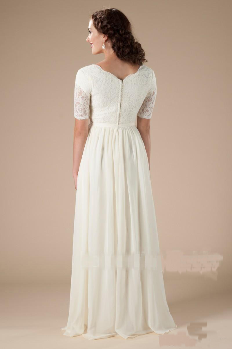 Modest Lace Chiffon Wedding Dresses With Short Sleeves Boho Bridal Gowns Aline Floor Length Reception Informal Dress 0521