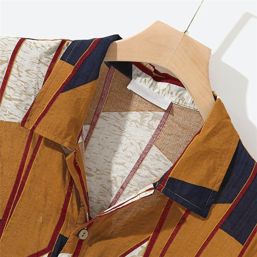 Hawaiian Print Shirt 2019 Men Contrast Color Geometric Print Button Short Sleeve Loose Streetwear Oversize Camisa Masculina