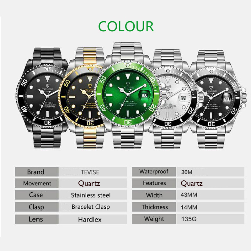 TEVISE Fashion Men Quartz Watch Calendar Waterproof Business Watches Stainless Steel Mens Watches relojo mascuino