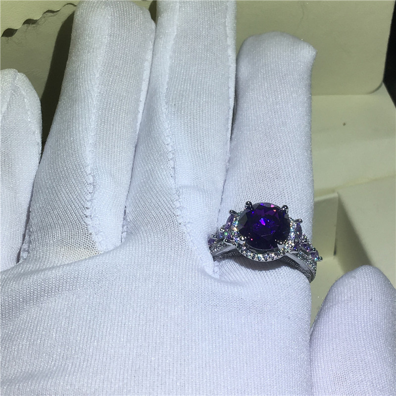 Vecalon Hollow Flower Ring 925 sterling Silver 4ct Purple Diamonds cz Anniversary Wedding Band Rings For Women Finger Jewelry