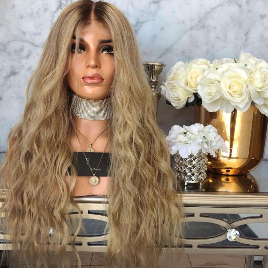 Natural look vintage blonde wig long loose wave wigs Brazilian hair synthetic lace front wig heat resistant Synthetic Hair