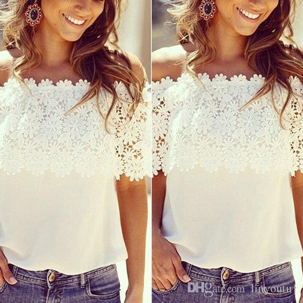 2020 Hot Fashion Women Summer Lace Crochet Off Shoulder Chiffon Shirt Casual Tops Blouse crop top women t shirt