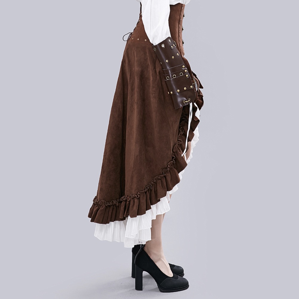 Women Victorian Brown & White Retro Victorian Gothic Vintage Steampunk Leather Adjustable Asymmetrical Ruffle Vintage Hi-lo Skirt Halloween