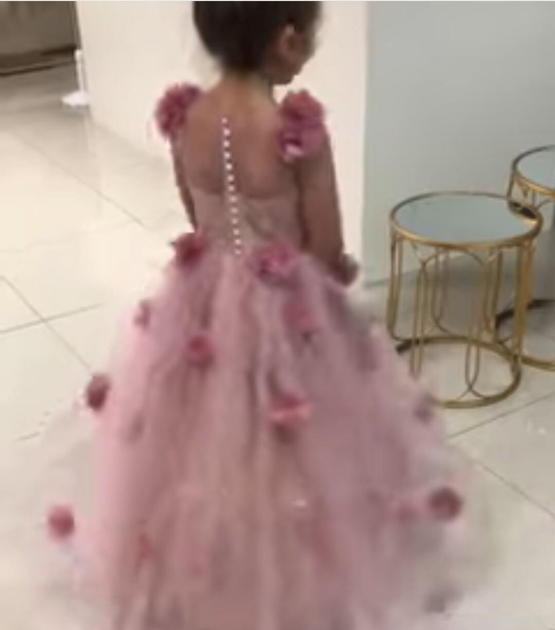 Cute Pink Flower Girls Dresses For Weddings 3D Floral Appliqued Kids Formal Wear Fashion Pageant Outfit Gowns vestidos de primera