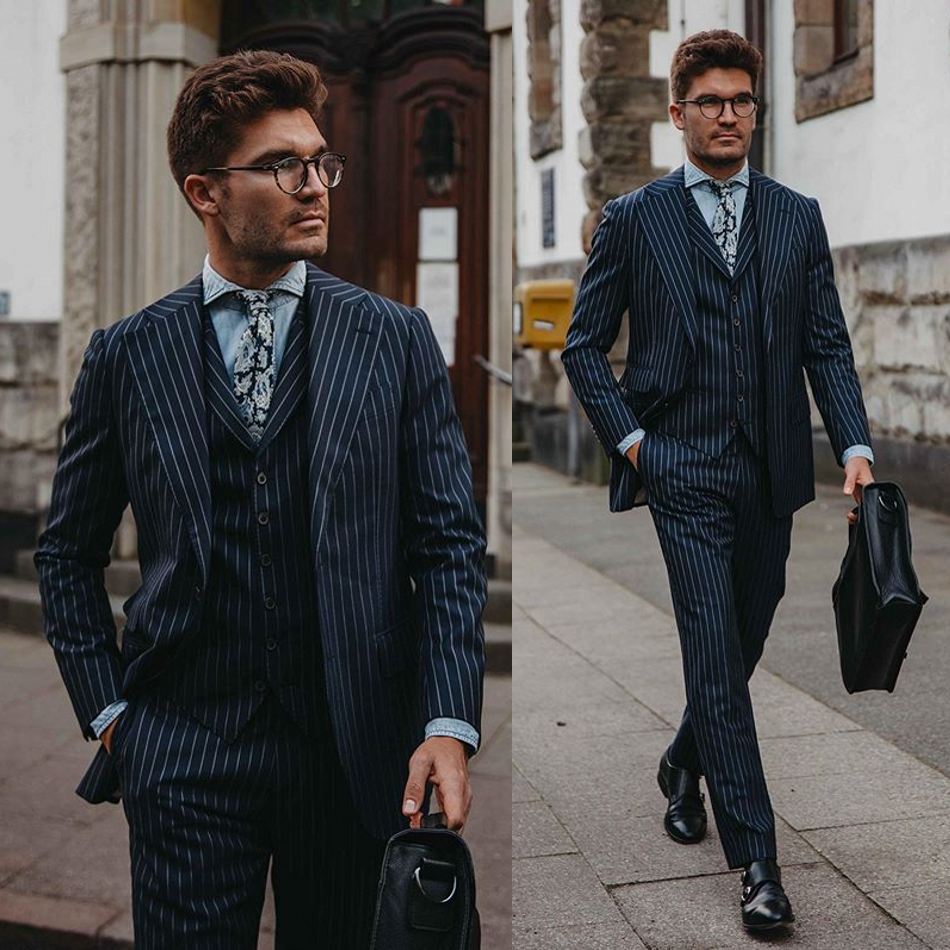 High Quality Navy Striped Groom Wedding Tuxedos Slim Fit Two Button Mens Formal Prom Party Business Blazer Suits (jacket+vest+pants)