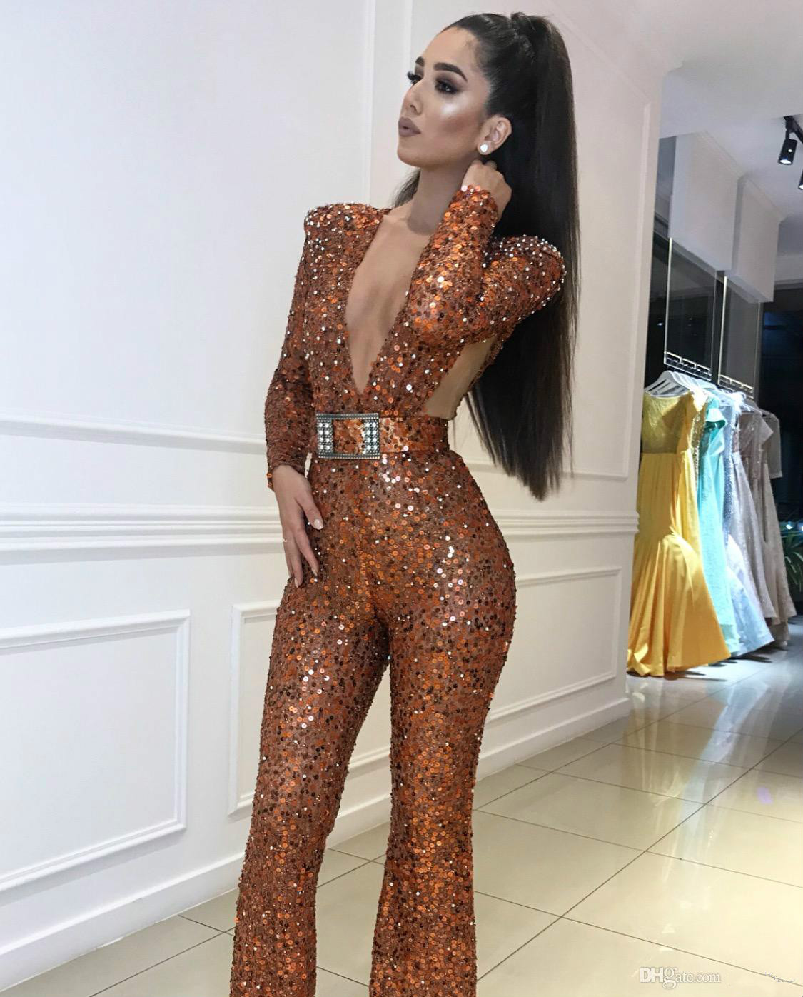 2020 Glitter Prom Jumpsuit Deep V Neck Sequined Beaded Long Sleeves Belt Evening Gown Ruffle Lumbar Floor Length Formal Party Gowns