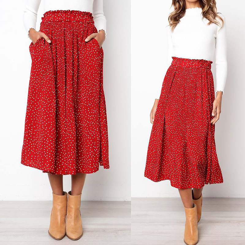 White Dots Floral Print Pleated Midi Skirt Women Elastic High Waist Side Pockets Skirts Summer 2020 Elegant Female Bottom