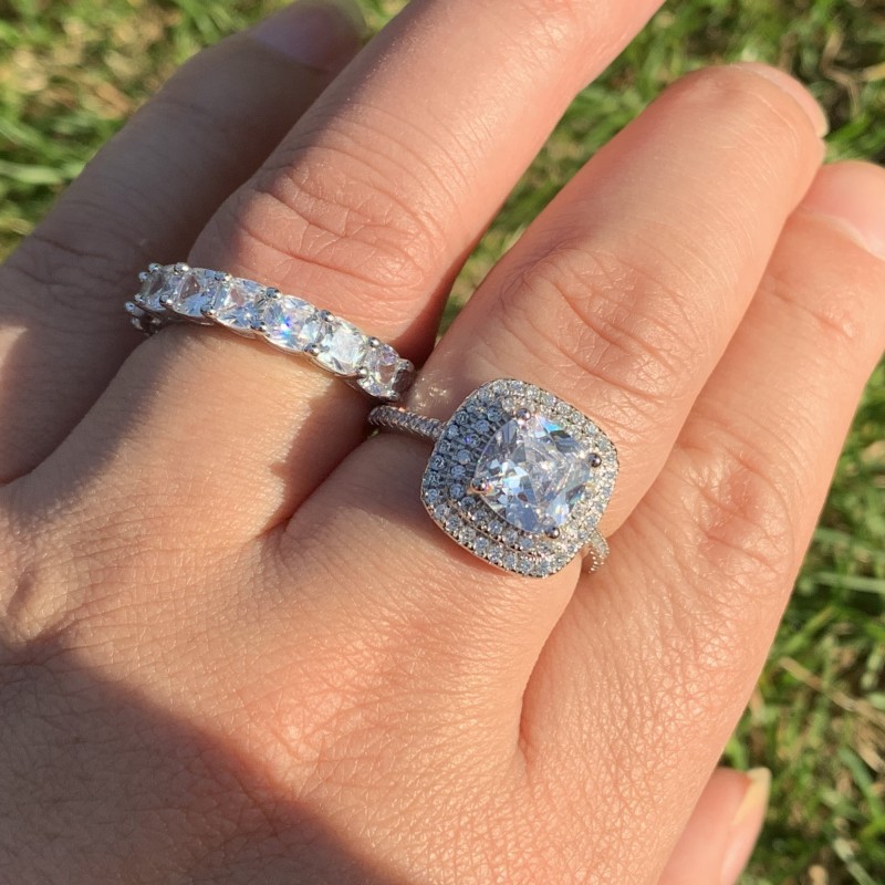 Couple Rings Luxury Jewelry 925 Sterling Silver Cushion Shape White Topaz Pave CZ Diamond Promise Party Women Wedding Bridal Ring Set Gift