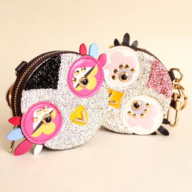 Cute Owl Chicken Crystal Cartoon Anime Coin Purse Keychain Pendant Pu Leather Wallet Key Chain For Women Bag Charm