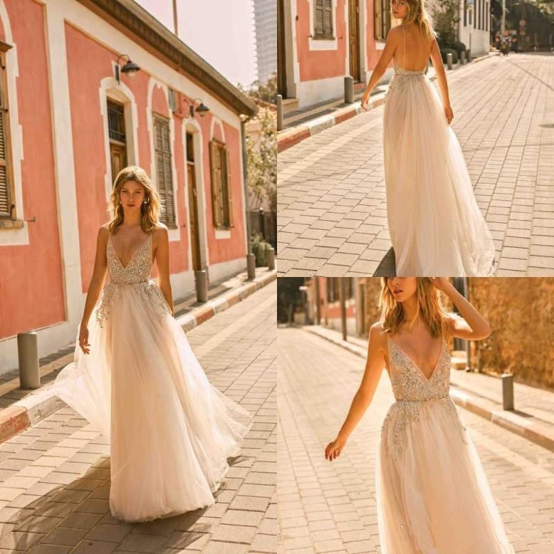 berta sexy beaded wedding dresses spaghetti v neck backless tulle boho bridal gowns lace appliqued beach country wedding dress