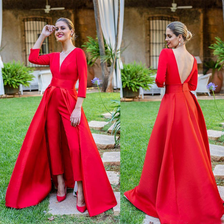 Sexy Open Back Red Jumpsuits Evening Dresses 3/4 Long Sleeves V Neck Formal Party Gowns Women Unique Design Dress