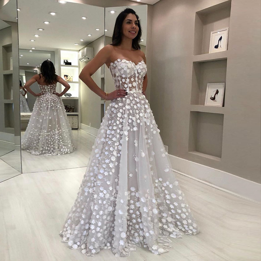 3D Wedding Amazing Dresses Sweetheart Neck Appliqued Sleeveless Bridal Gowns A Line Tulle Floor Length Robe De Marie