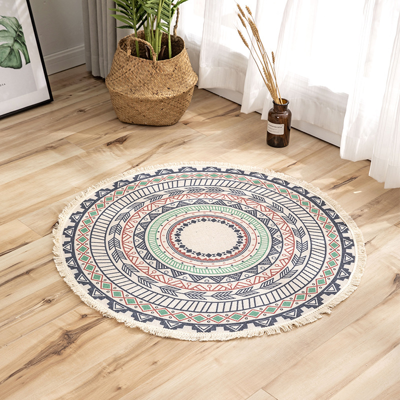 Mandala Retro Cotton Linen Round Carpet for Living Room Modern Bedroom Anti Slip Round Rugs With Tassel Floor Home Boho Carpet