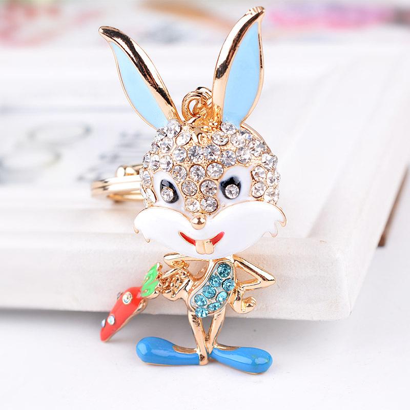 Metal Key Ring Chain Super Cute Bunny Keychains Pink Blue Enamel Rhinestone Animal Pendant Gold Color Creative Children Jewelry