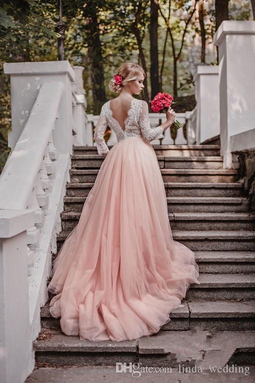 2019 Romantic Lace Tulle Pink Wedding Dress Arabic A Line Deep V-neck Bridal Gown South Africa Plus Size Custom Made Vestido De noiva