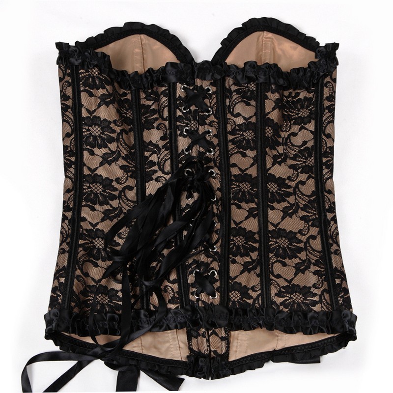 Elegant Women's Lace Overlay Jacquard Frill Lacy Corset Top Sexy Plus Size S-6XL Burlesque Lace-up Overbust Club Dance Party Corset Bustier