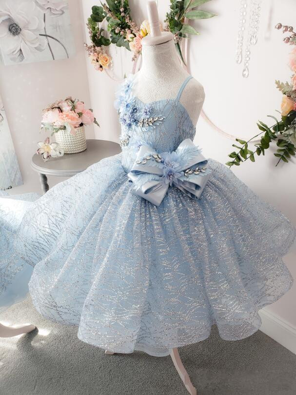 glitter tulle flower girl dresses light blue sequine first communion gowns for little girl ball gown princess girls pageant dresses