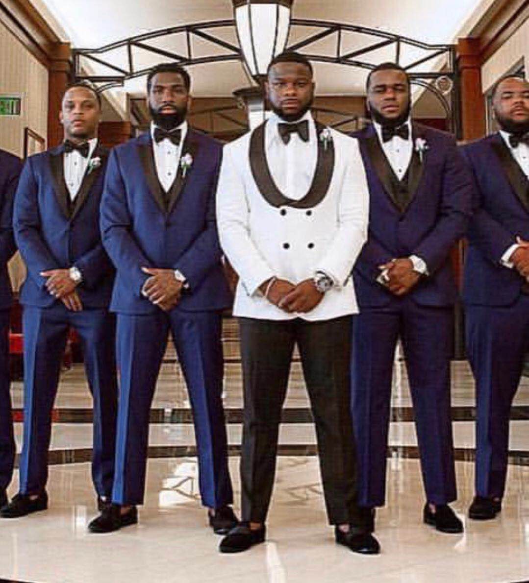 Groom Tuxedos Groomsmen navy blue Shawl Lapel Best Man Suit Wedding groomsmen Men's Blazer Suits Custom Made (jacket+pant+tie)
