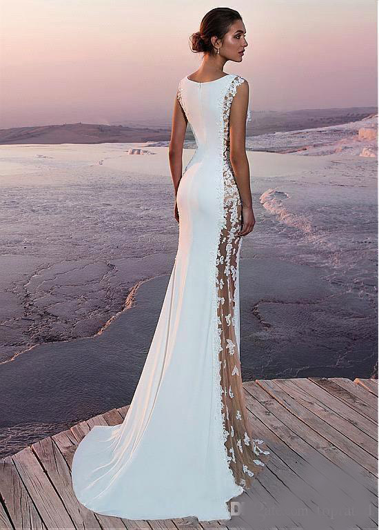 2020 Beach Garden Long Lace Wedding Dress Illusion Back Sleeveless Mermaid Bridal Gowns Custom Vestidos De Noiva