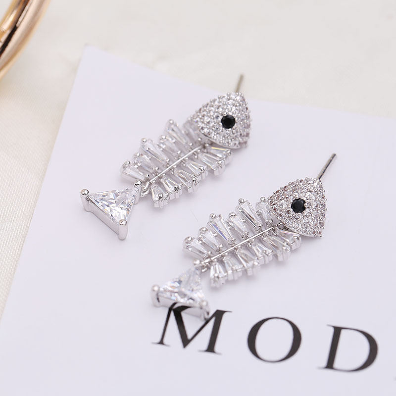 Shiny Bling Full Fish Skeleton S925 Silver Needle Dangle Drop Earrings White Zircon Gold Plated Earring Jewelry Wholesale