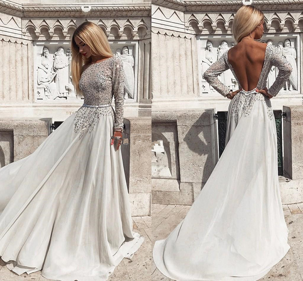 Sexy Backless Prom Dresses Scoop Neck Beaded Formal Evening Gowns Saudi Arabic Beads Long Special Occasion Dress 2019