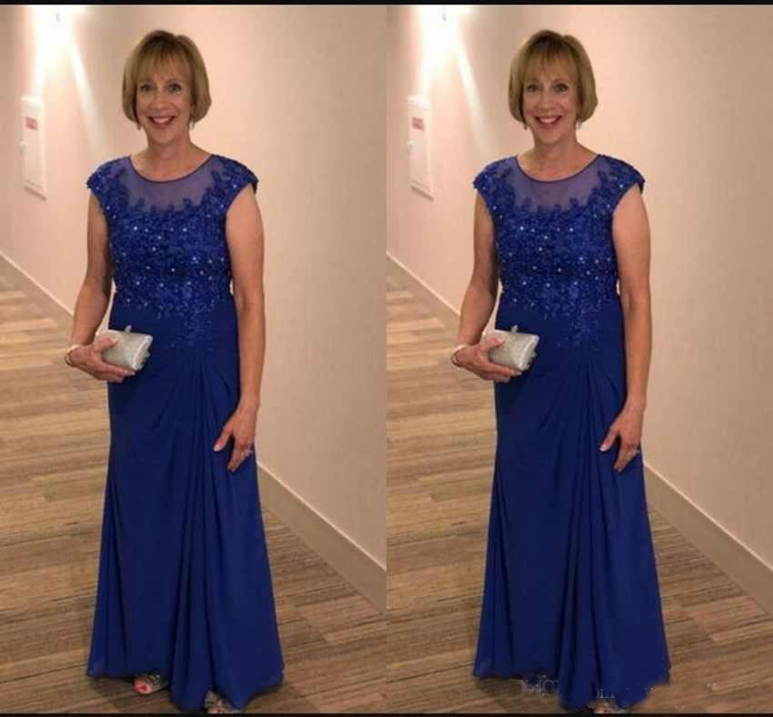 Elegant Mother Of The Bride Dresses 2019 Capped Sleeves Sheath Jewel Neck Chiffon Appliques Lace Top Beaded Wedding Guest Evening Prom Gowns