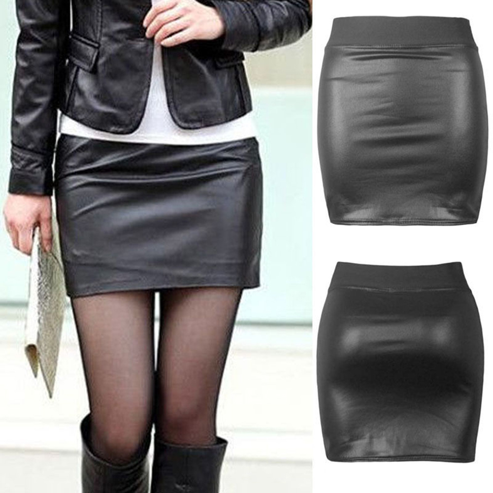 Sexy Women Pencil Slim Stretch Bodycon High Waist Mini Short Skirt Party Club Soft PU Cloth Package Hip Black One Size