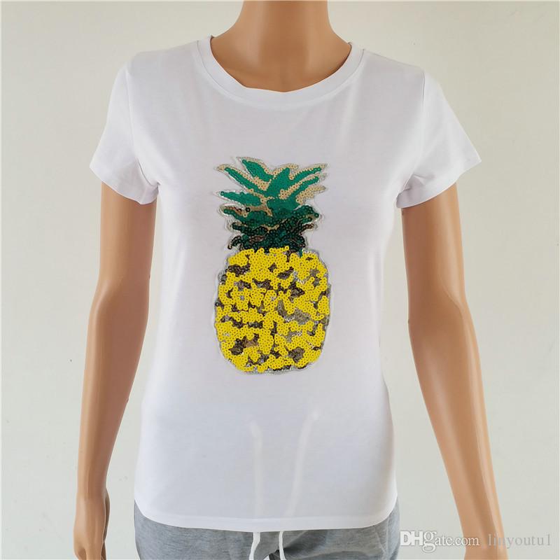 2020 new spring summer fashion new loose sexy tee women top embroidered pineapple sequins T-shirt Girl tops code