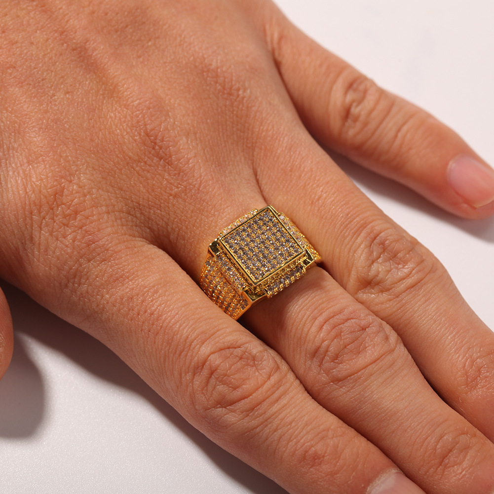 Men's Hip Hop Square Rings 18k Real Gold Plated Bling Cubic Zircon Diamond Finger Ring Jewelry Gift