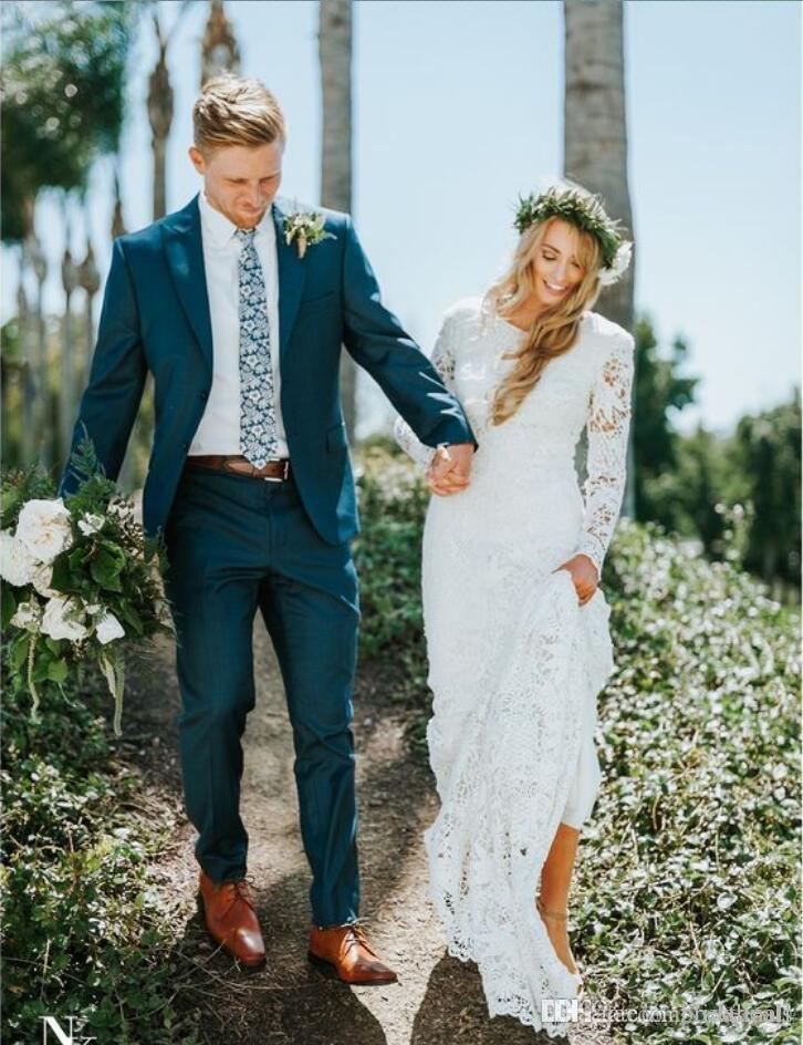 Lace Vintage Full Long Sleeves Boho Bridal Dresses Plus Size Court Train Garden Beach Wedding Dress Gowns For Brides